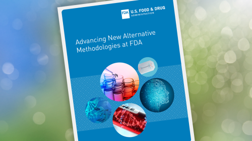 Advancing New Alternative Methodologies at FDA report cover, illustrating alternative methods publications and related events