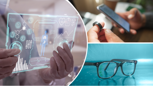 A person holding a transparent screen with medical information; a hand holding a smart ring and a smart phone; a pair of glasses with digital information projected onto the lenses.