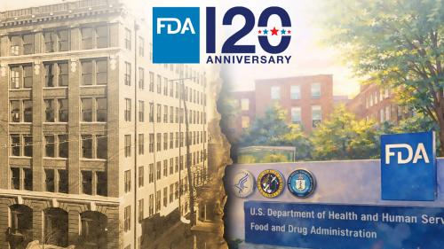 Collage image of first FDA headquarters and illustration of current FDA headquarters in White Oak.