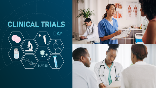 Graphic collage. Top right photo of female doctor speaking with female patient and male doctor in background taking notes on computer. Lower right photo of female doctor speaking to husband and wife in office setting. Left graphic illustration representing multiple research and medical technologies with title "Clinical Trial Day".