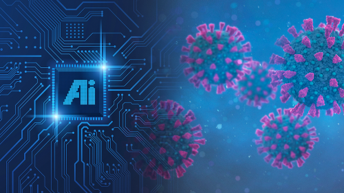 Image representing AI (artificial intelligence) and SARS-CoV-2 virus particles (the virus that causes COVID-19)