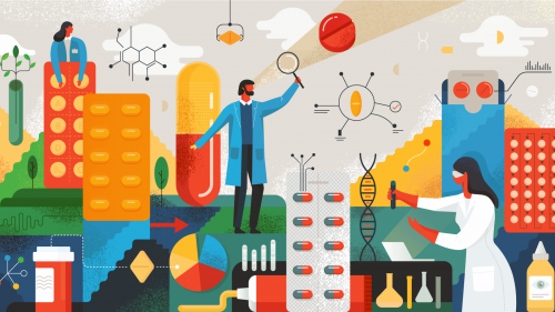 Illustrration collage of researchers, scientists, and doctors surrounded by research equipment and various pharmaceuticals.