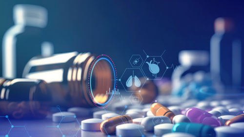 Image of spilled pills and with a light blue technological projection of various medical themed icons.
