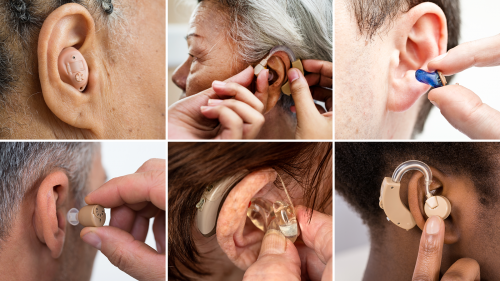 Photo collage showing various hearing aids and personal sound amplification products in people's ears