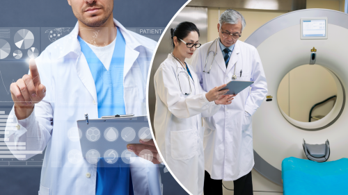 Two image collage depicting a medical professionals examining medical device data
