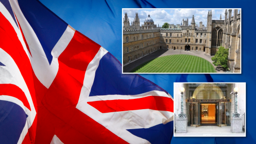 Photo collage - background image of United Kingdom flag. Top photo of courtyard. Bottom photo of entrance to the Royal Society of Medicine.