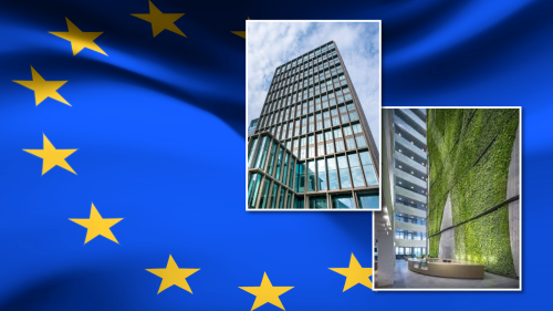 Photo collage - Background image of European Union flag. Top photo - exterior of European Medicines Agency (EMA) headquarters in Amsterdam. Bottom photo - interior of EMA headquarters.