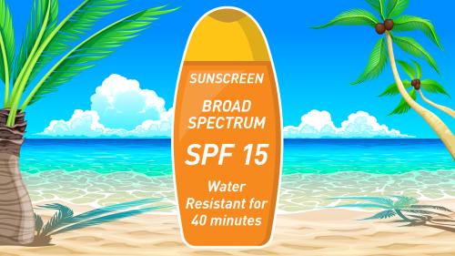 Illustration of bottle of SPF 15 sunscreen on the beach.