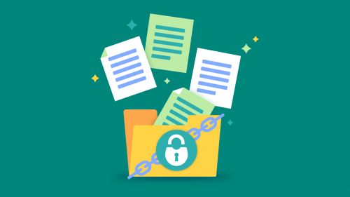 Illustration with green background and icons of documents going into a secure folder with padlock on front cover.