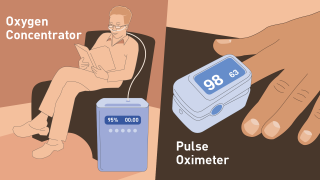 illustration of a man seated using a oxygen concentrator and hand with index finger inserted into a pulse oximeter