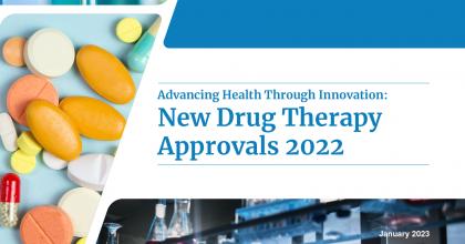 Blue and white graphic with text promoting the New Drug Therapy Approvals 2022 Report. To the left of the text is an image of various colored and shaped pills.