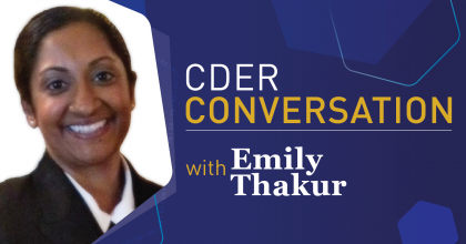 CDER Conversation template with blue background and Emily Thakur photo.