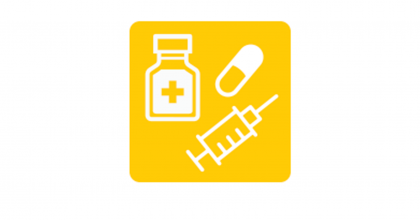 Illustration of pill, syringe and vial in white on yellow background