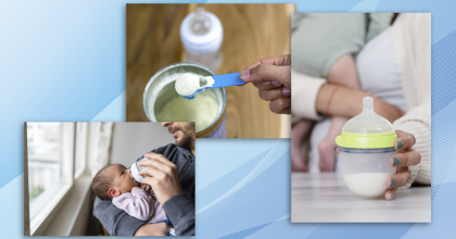 Photo collage; Left image of father feeding child infant formula. Middle image of mother scooping infant formula powder from container. Right image of mother picking up infant feeding bottle while holding her infant.