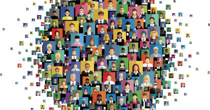 Graphic illustration of multiple people icons in a circular layout.