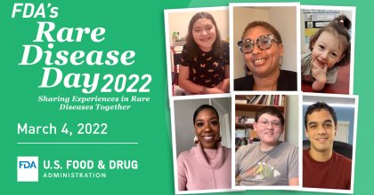 Image with a green background promoting "FDA's Rare Disease Day 2022" on March 4th.
