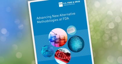 Advancing New Alternative Methodologies at FDA report cover, illustrating alternative methods publications and related events