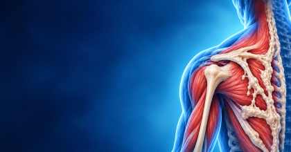 human musculoskeletal close up of shoulder on blue background