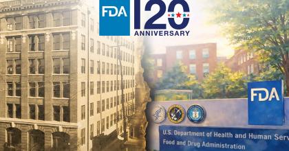 Collage image of first FDA headquarters and illustration of current FDA headquarters in White Oak.