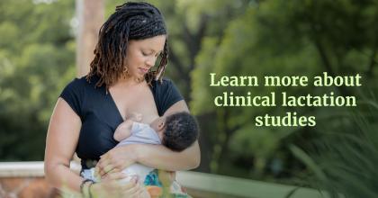 African American Woman nursing baby. Text: Learn more about clinical lactation studies