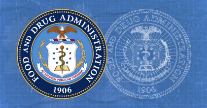 Graphic of the new FDA seal on a blueprint background with a white stroke version of the seal to the right of the full color graphic of seal.