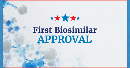First interchangeable biosimilars red, white, and blue graphic.