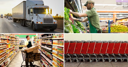 Photo collage including truck on highway, grocery store employees stocking shelves with packaged food and fresh produce, and a row of shopping carts awaiting hungry consumers.