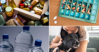 four photos showing box of dry goods food items, various pills and capsules in a medicine organizer, bottled water, and a young girl hugging her dog