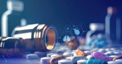 Image of spilled pills and with a light blue technological projection of various medical themed icons.