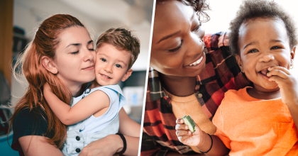 Two image collage depicting diverse mothers gleefully hugging their toddler aged children.
