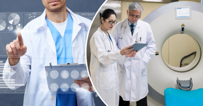 Two image collage depicting a medical professionals examining medical device data