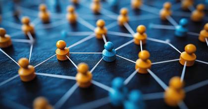 Network of abstract wood figures representing people