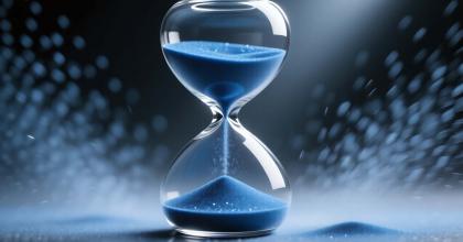 Blue sand flowing through hourglass surrounded by active particles in the air indicating action 