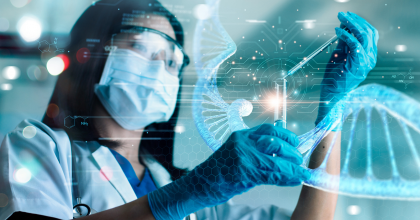 A scientist wearing a lab coat, face mask, and safety goggles holds a test tube and pipette. The image is overlaid with glowing blue graphics of a DNA double helix and other scientific data visualizations.