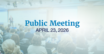 Graphic with a light blue and white background. There is a text overlay reading Public Meeting, April 23, 2026