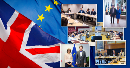 Photo collage - background of United Kingdom and European Union flags. Various photos of Dr. Califf in different meetings with EU and U.K. delegates.