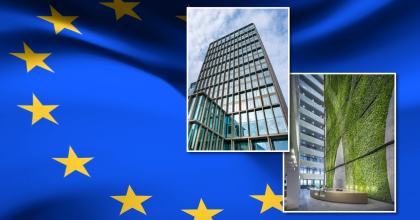 Photo collage - Background image of European Union flag. Top photo - exterior of European Medicines Agency (EMA) headquarters in Amsterdam. Bottom photo - interior of EMA headquarters.