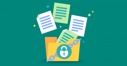 Illustration with green background and icons of documents going into a secure folder with padlock on front cover.