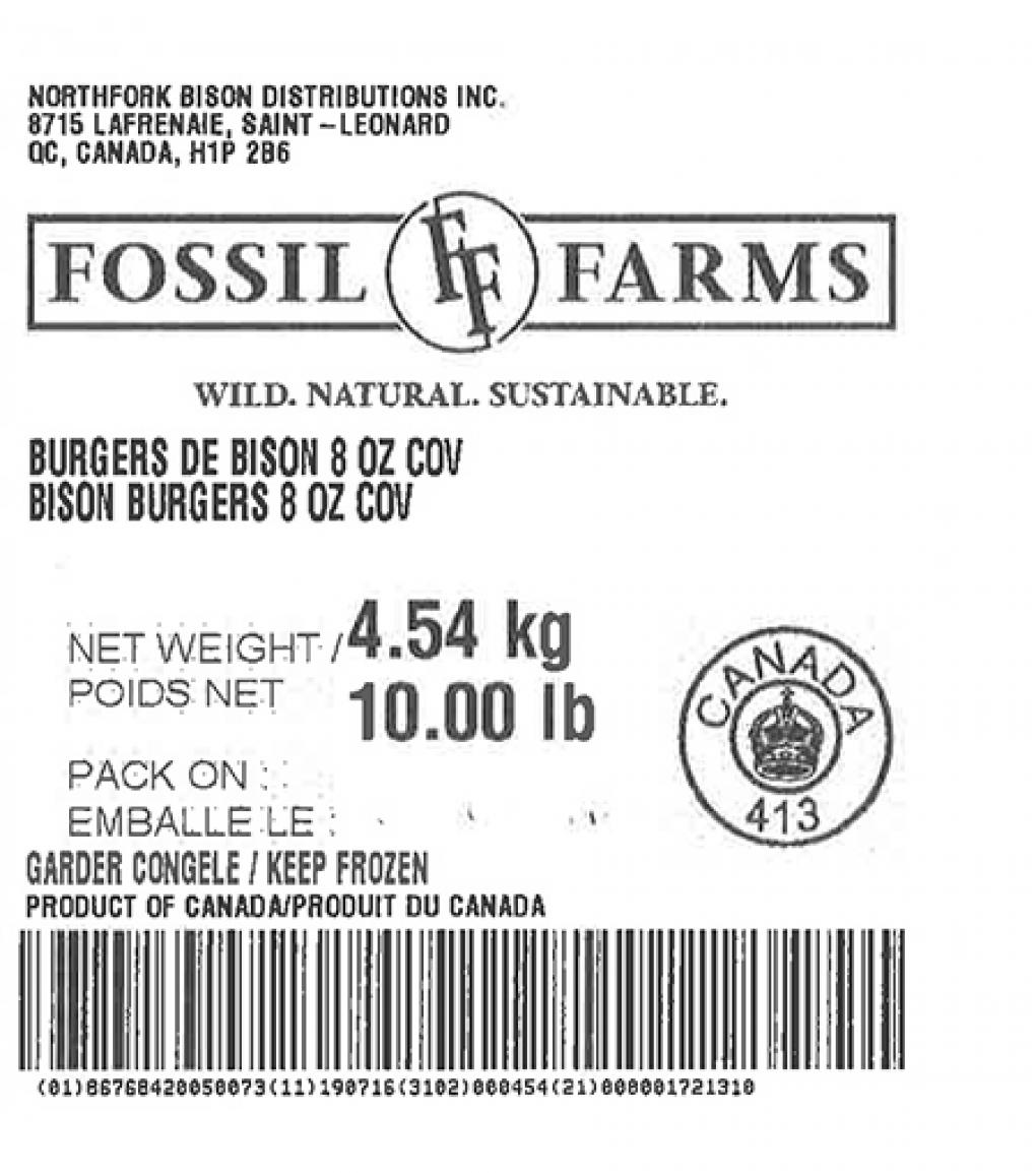 Product labeling Northfork Bison Distributions Inc. Fossil Farms Bison Burgers 8 oz COV, Net Weight 10 LB