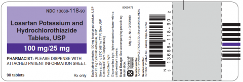 Blue/white label, Losartan Potassium and Hydrochlorothiazide Tablets, 100mg/25mg, 90 tablets