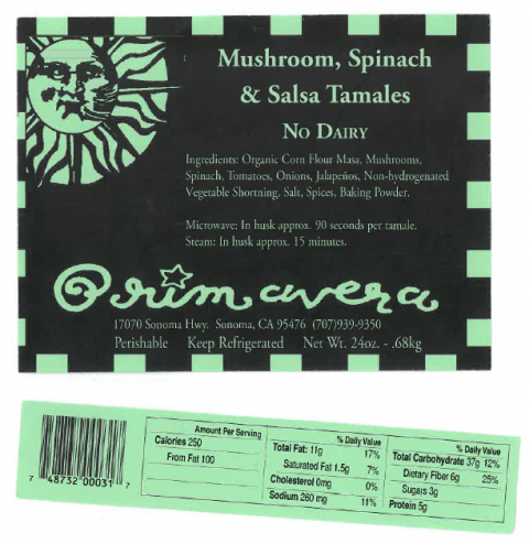 Primavera Mushroom Spinach Salsa Tamales (No Dairy) – front package