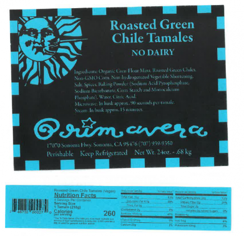 Primavera Roasted Green Chile Tamales (No Dairy) – front package