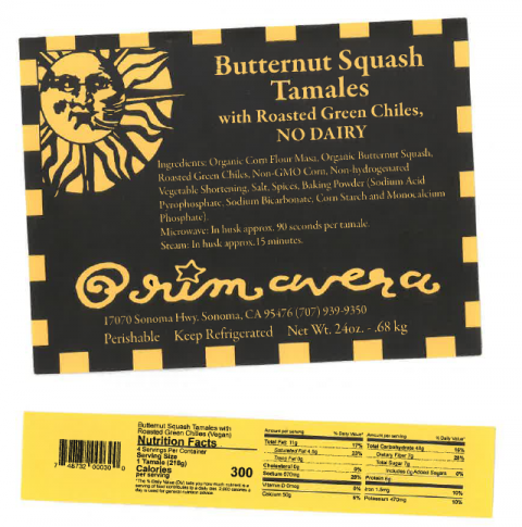 Primavera Butternut Squash Tamales with Roasted Green Chiles (No Dairy) – front package