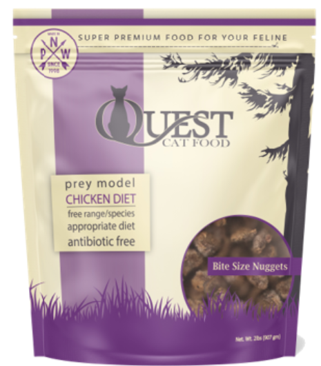 Front product label panel for Quest Cat Food Chicken Diet Bite Size Nuggets in 2 lbs. bag