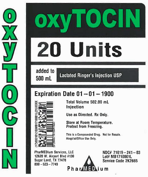 "Oxytocin 20 Units added to 500 mL Lactated Ringer's Injection USP, NDC 71019-241-03"