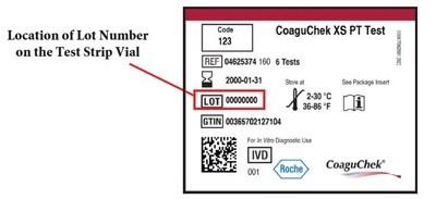 CoaguChek XS PT Test Strips label showing lot number location on the test strip vial