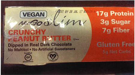 "Vegan NuGo Slim Crunchy Peanut Butter, Best By 28 JUL 17, Tray picture"