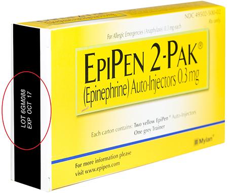"EpiPen 2 Pak (Epinephrine) Auto Injectors 0.3 mg, carton pack (Example of product label)"