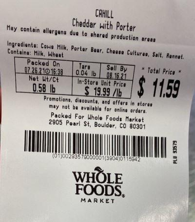 WFM Scale Label – CAHILL Cheddar with Porter, Net Wt/Ct, 0.58 lbs., WHOLE FOODS MARKET