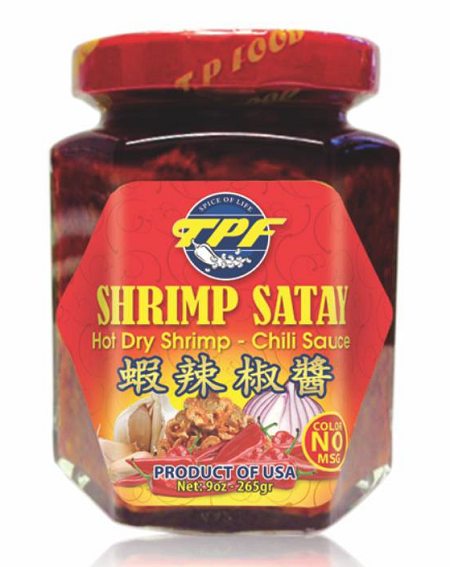 "TPF Shrimp Satay, Hot Dry Shrimp - Chili Sauce, 6-9 oz. Jar, Front Label "